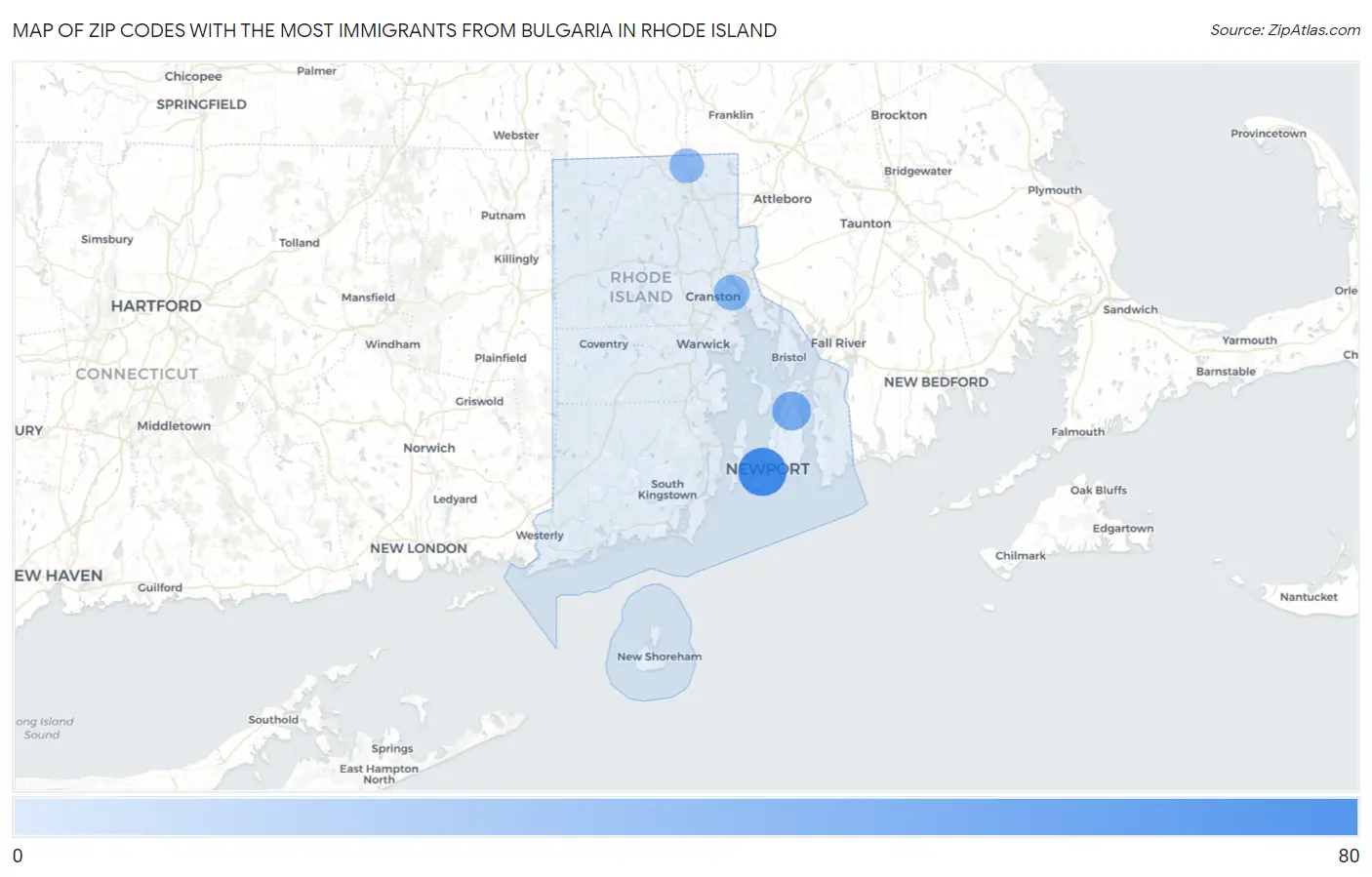 Zip Codes with the Most Immigrants from Bulgaria in Rhode Island Map