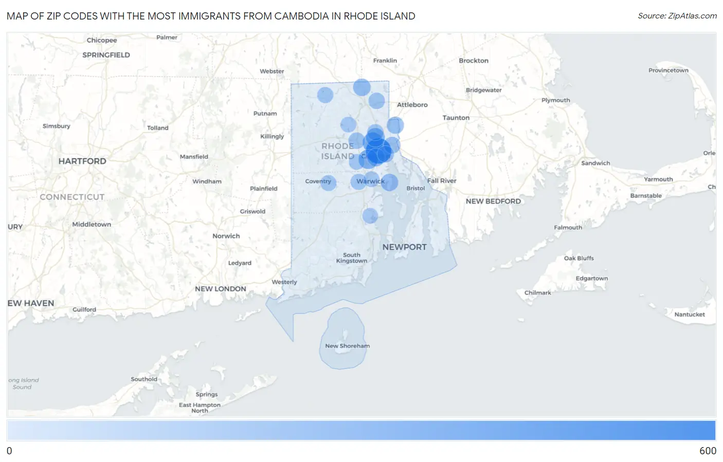 Zip Codes with the Most Immigrants from Cambodia in Rhode Island Map