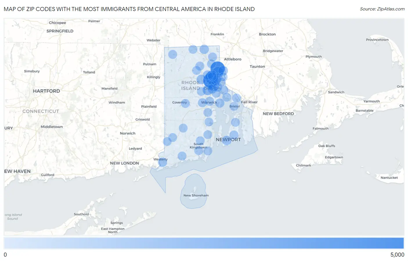Zip Codes with the Most Immigrants from Central America in Rhode Island Map