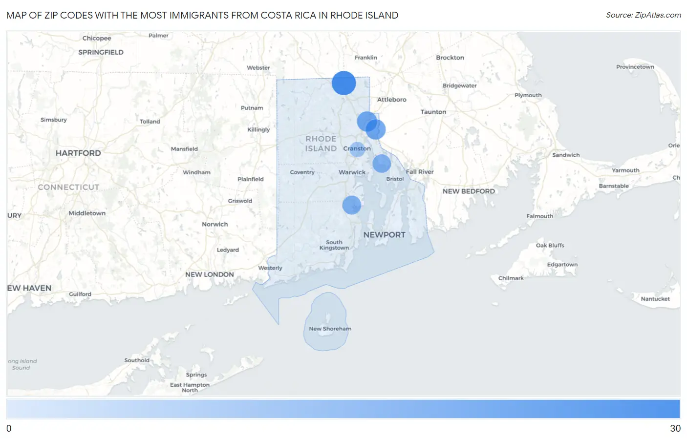 Zip Codes with the Most Immigrants from Costa Rica in Rhode Island Map