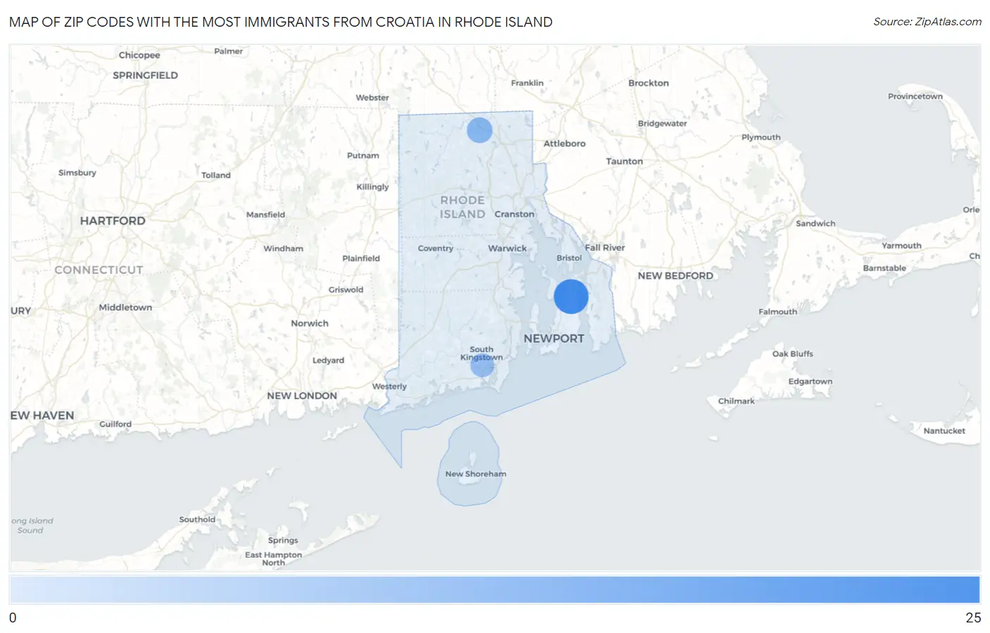 Zip Codes with the Most Immigrants from Croatia in Rhode Island Map