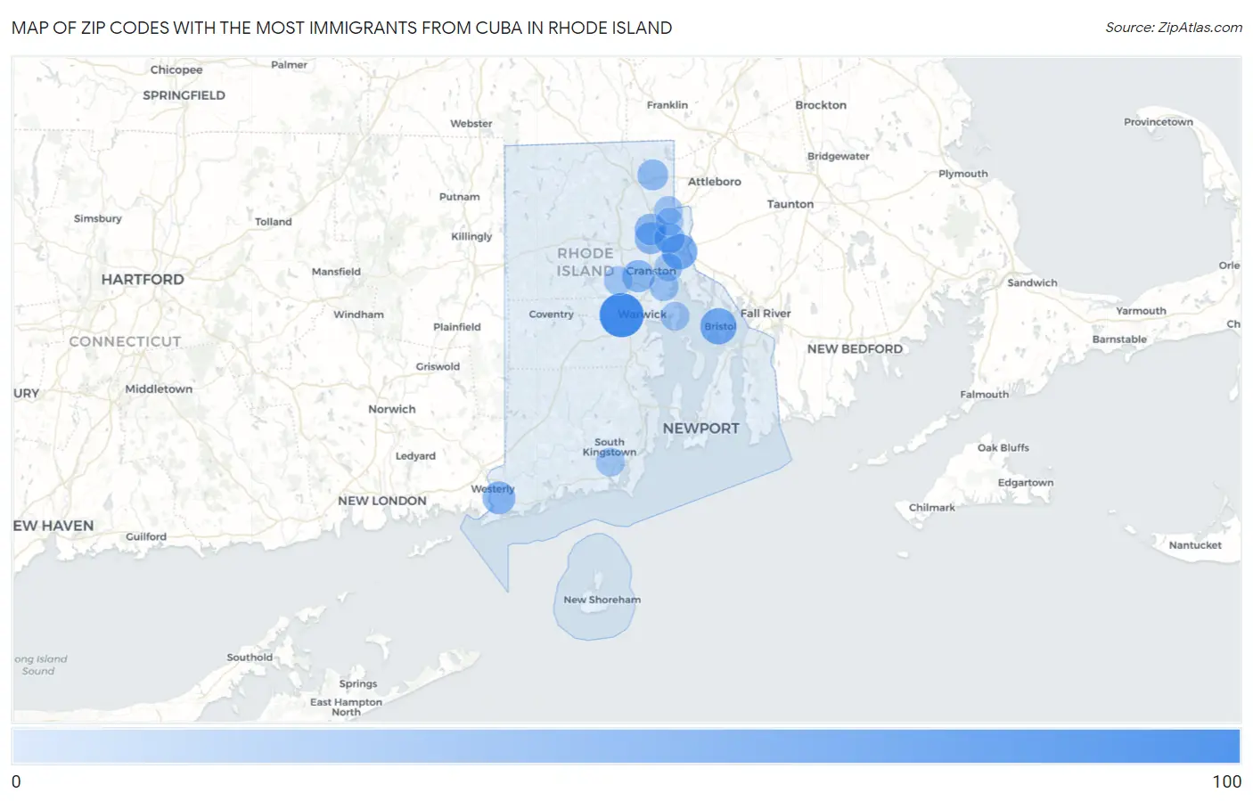 Zip Codes with the Most Immigrants from Cuba in Rhode Island Map