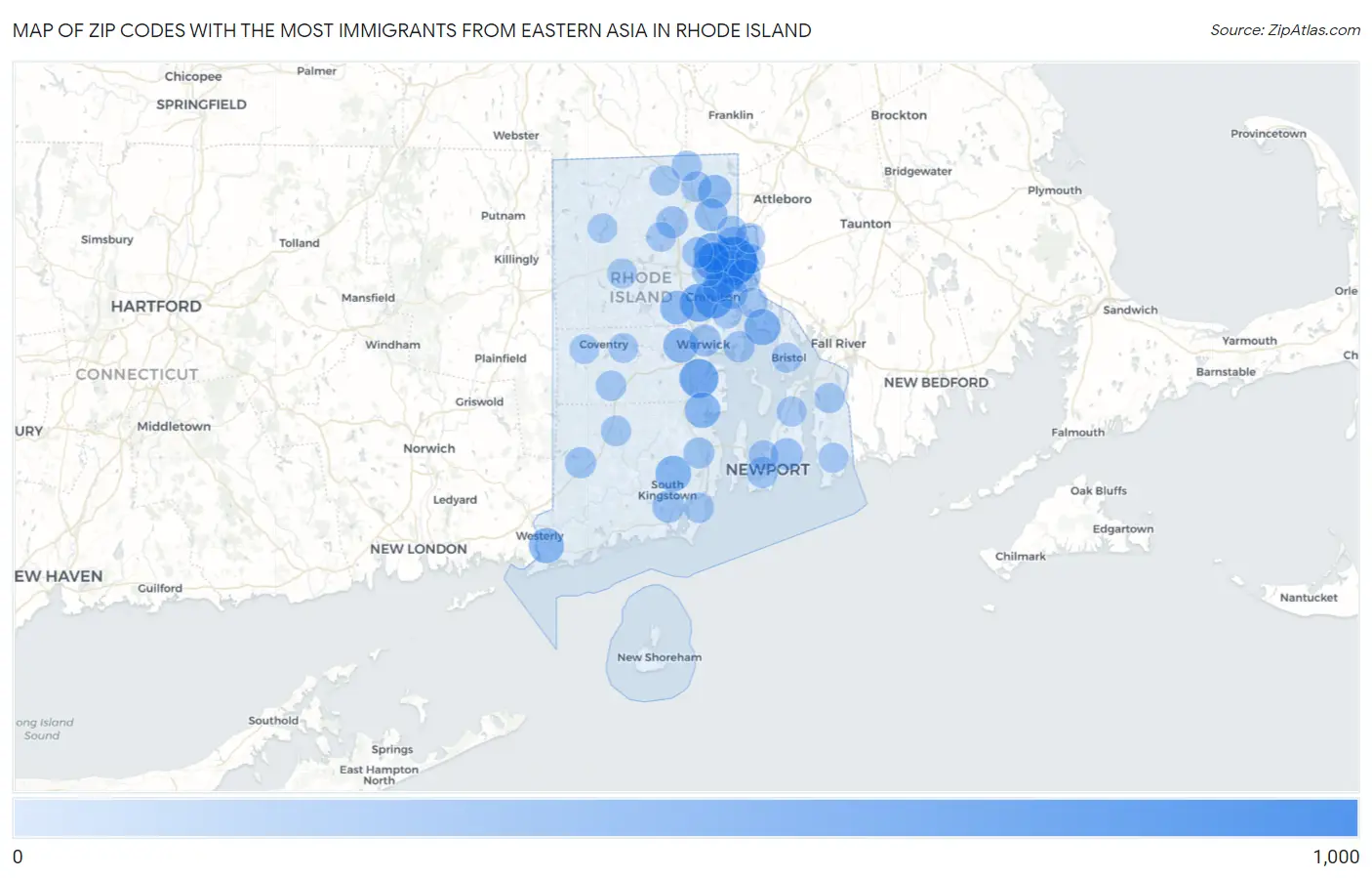 Zip Codes with the Most Immigrants from Eastern Asia in Rhode Island Map