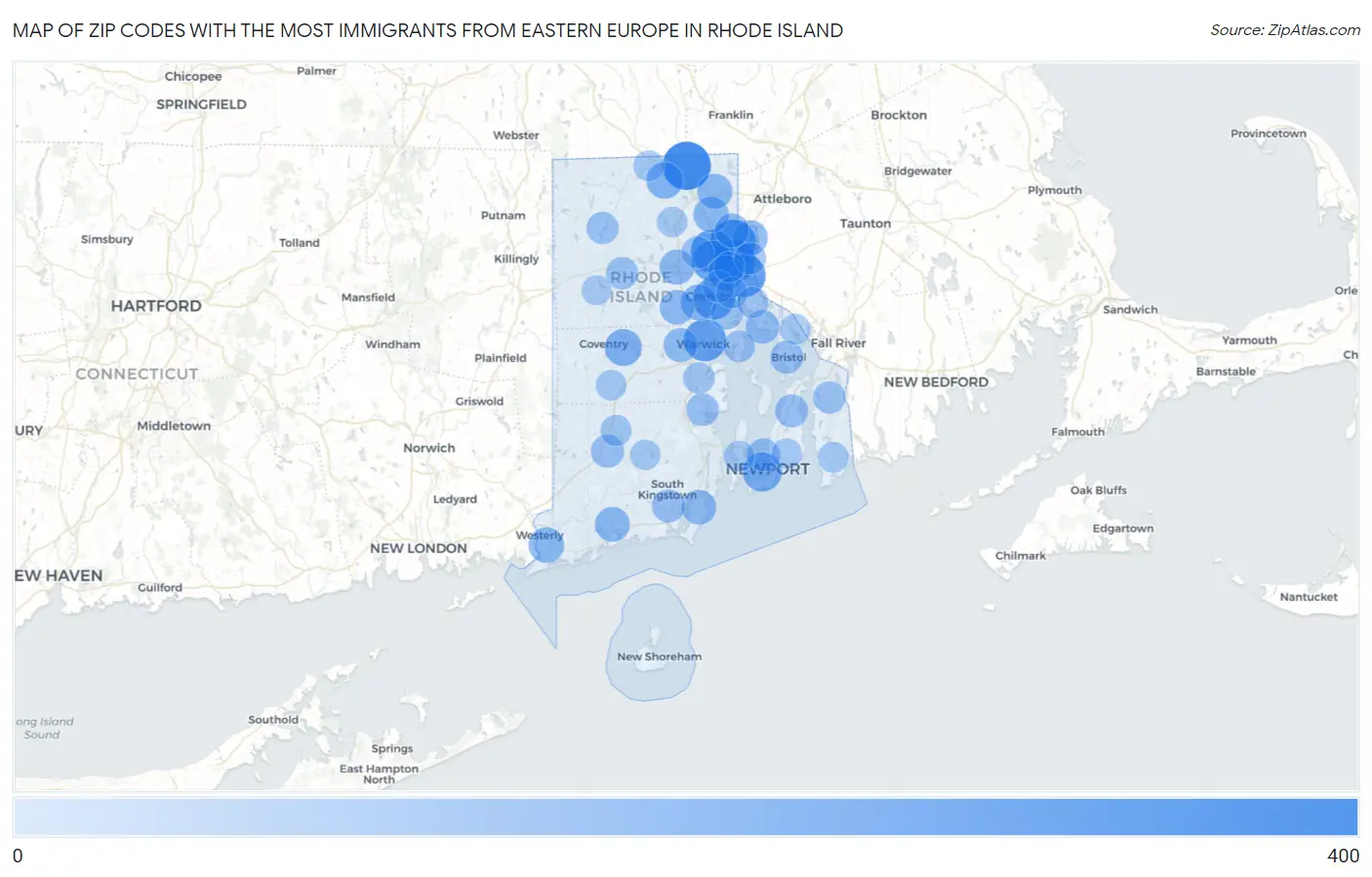 Zip Codes with the Most Immigrants from Eastern Europe in Rhode Island Map