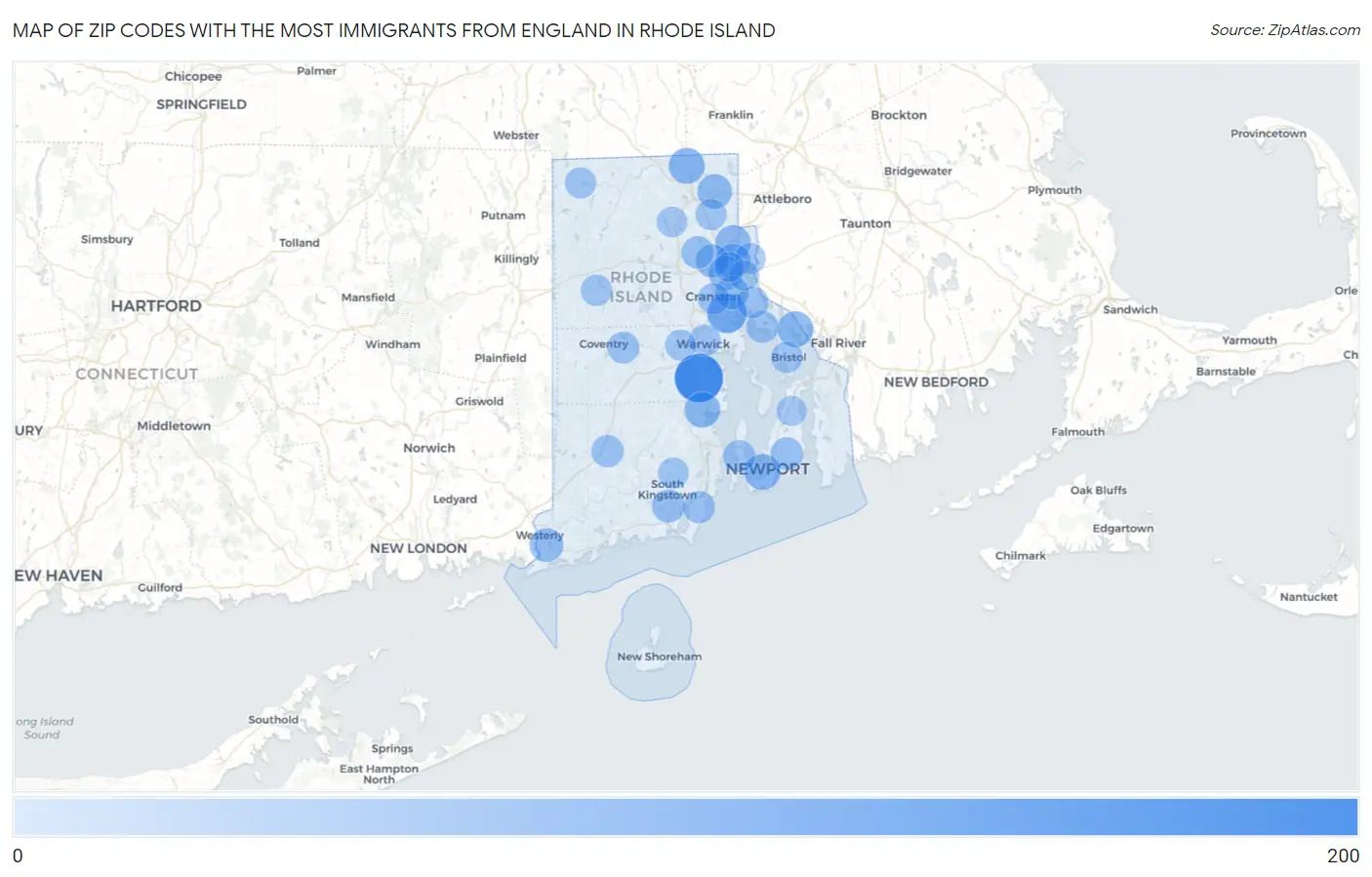 Zip Codes with the Most Immigrants from England in Rhode Island Map