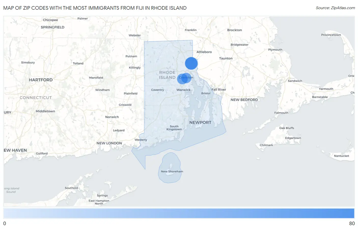 Zip Codes with the Most Immigrants from Fiji in Rhode Island Map