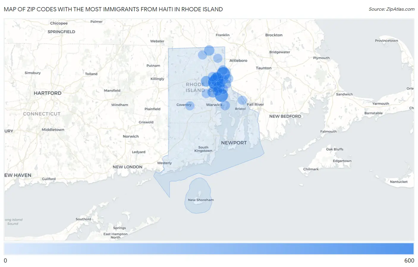 Zip Codes with the Most Immigrants from Haiti in Rhode Island Map