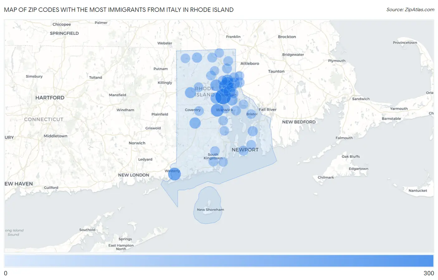 Zip Codes with the Most Immigrants from Italy in Rhode Island Map