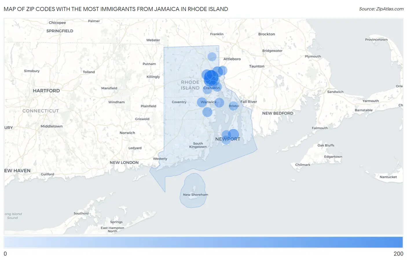 Zip Codes with the Most Immigrants from Jamaica in Rhode Island Map