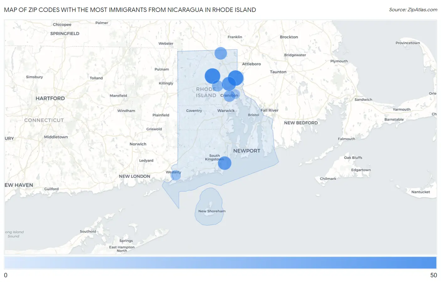 Zip Codes with the Most Immigrants from Nicaragua in Rhode Island Map