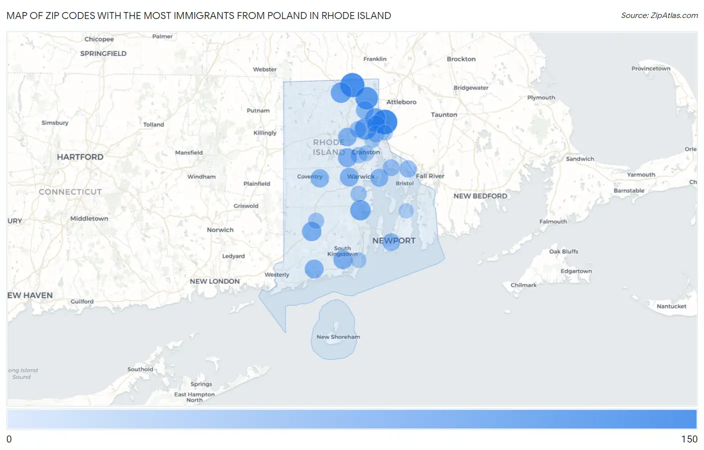 Zip Codes with the Most Immigrants from Poland in Rhode Island Map