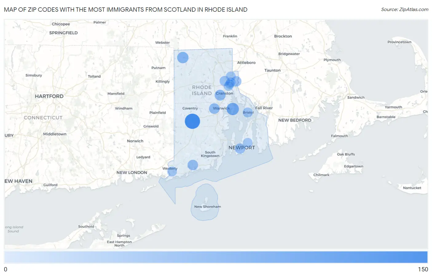 Zip Codes with the Most Immigrants from Scotland in Rhode Island Map