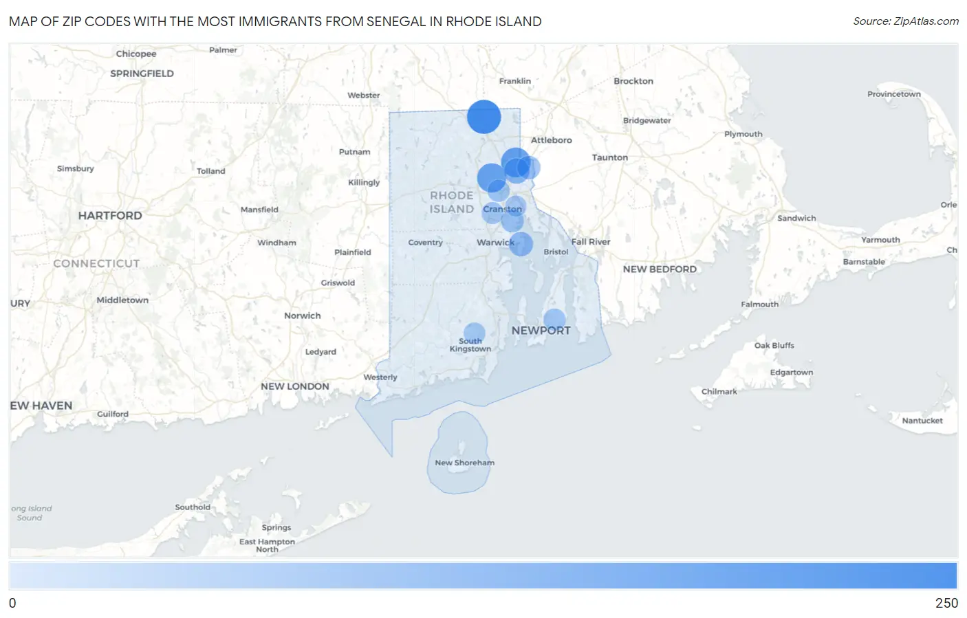 Zip Codes with the Most Immigrants from Senegal in Rhode Island Map