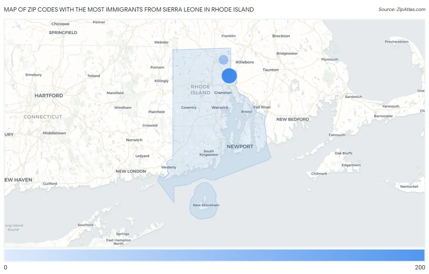 Zip Codes with the Most Immigrants from Sierra Leone in Rhode Island Map