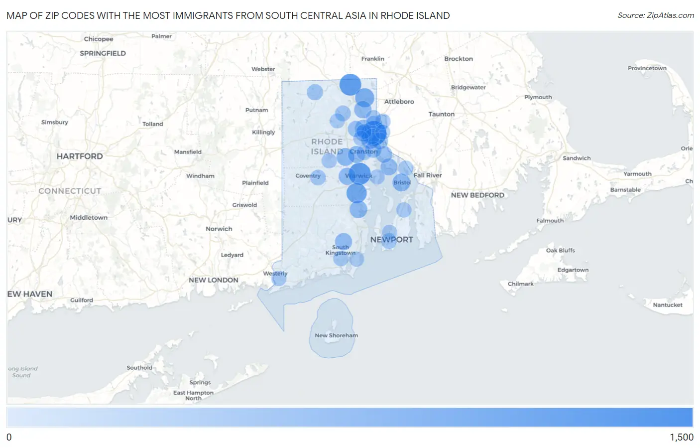 Zip Codes with the Most Immigrants from South Central Asia in Rhode Island Map