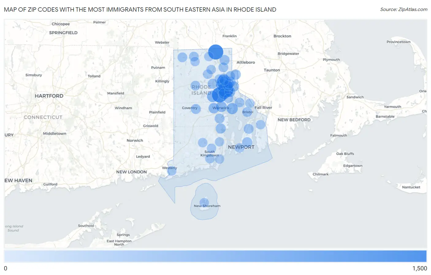 Zip Codes with the Most Immigrants from South Eastern Asia in Rhode Island Map