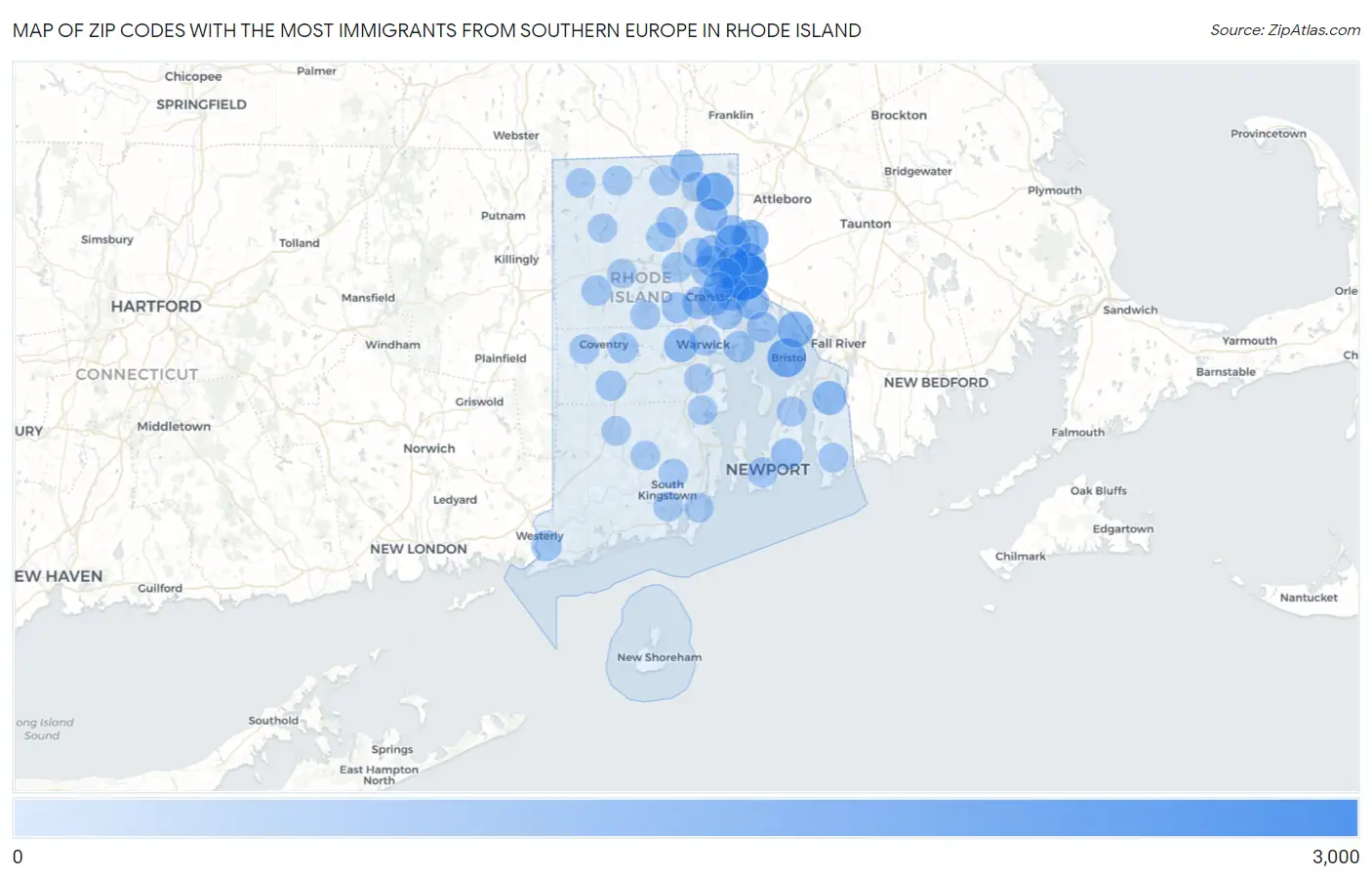 Zip Codes with the Most Immigrants from Southern Europe in Rhode Island Map