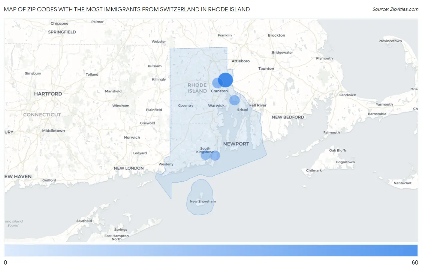 Zip Codes with the Most Immigrants from Switzerland in Rhode Island Map