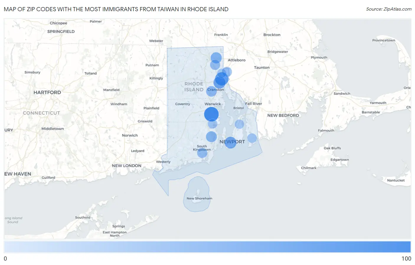 Zip Codes with the Most Immigrants from Taiwan in Rhode Island Map