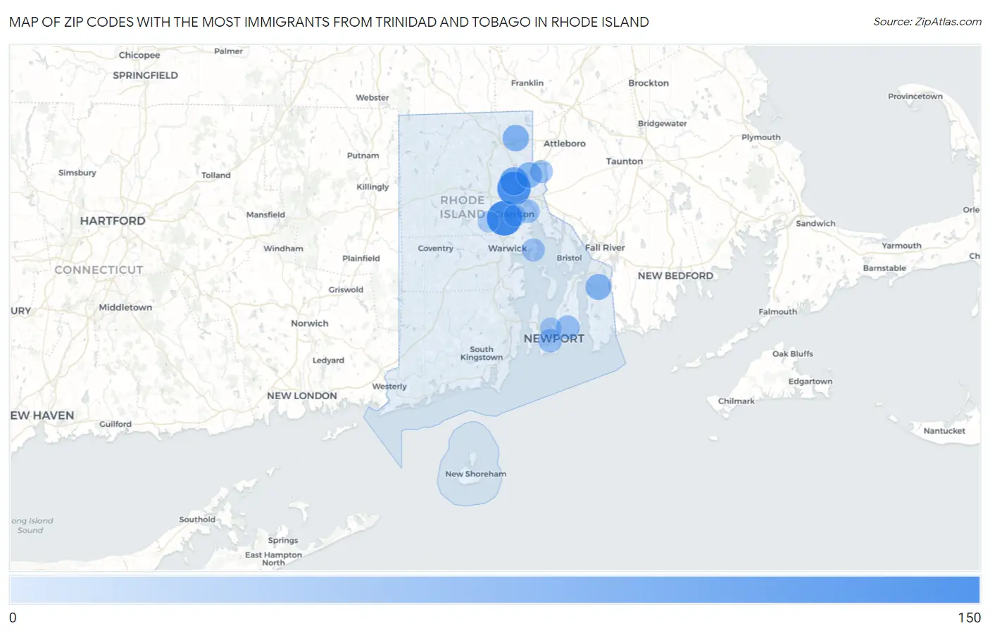 Zip Codes with the Most Immigrants from Trinidad and Tobago in Rhode Island Map