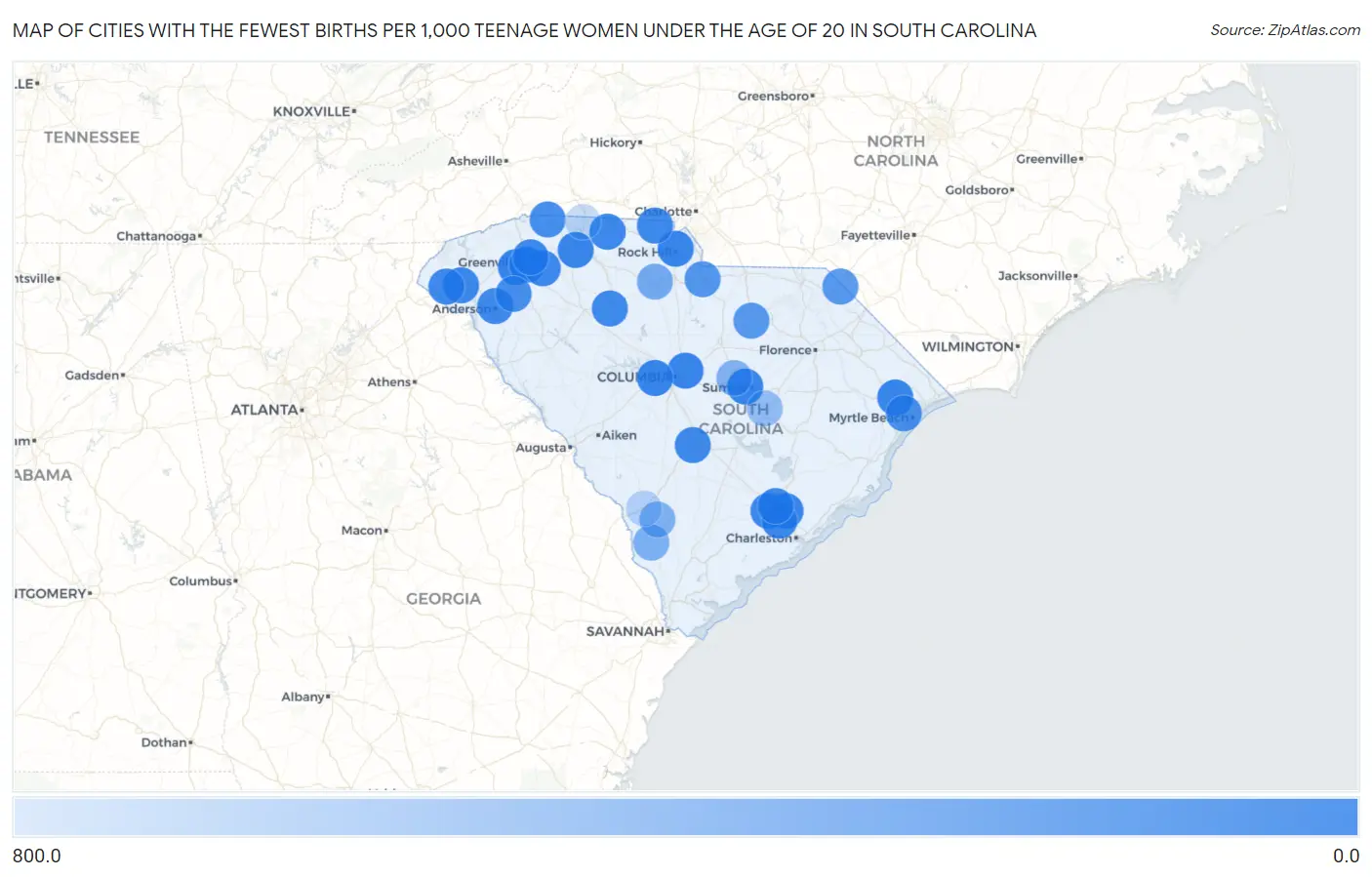 Cities with the Fewest Births per 1,000 Teenage Women Under the Age of 20 in South Carolina Map