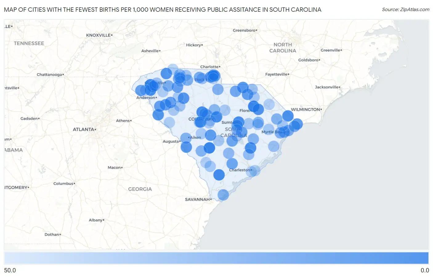 Cities with the Fewest Births per 1,000 Women Receiving Public Assitance in South Carolina Map