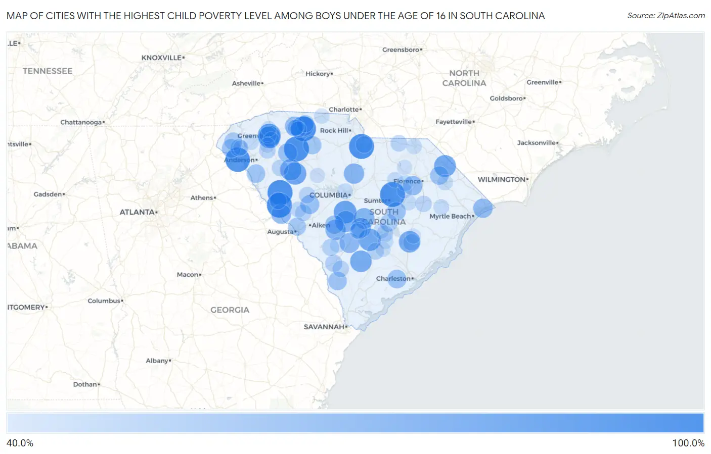 Cities with the Highest Child Poverty Level Among Boys Under the Age of 16 in South Carolina Map