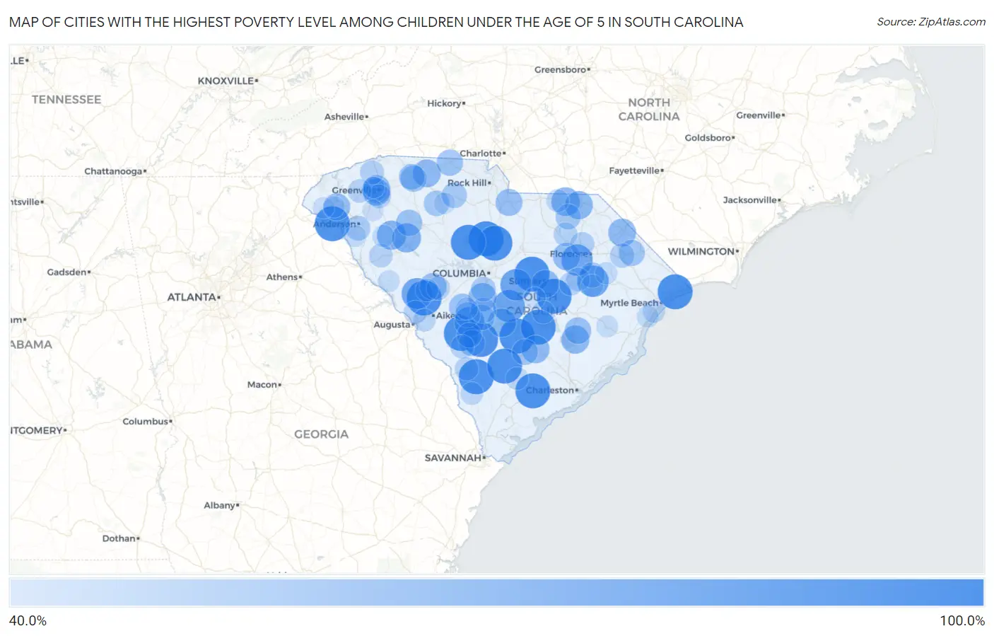Cities with the Highest Poverty Level Among Children Under the Age of 5 in South Carolina Map