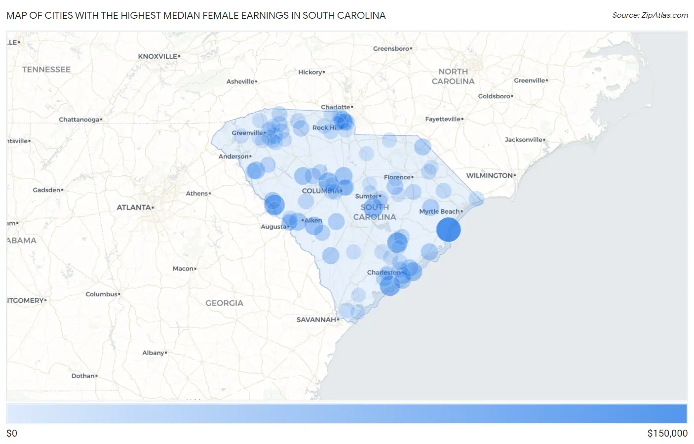 Cities with the Highest Median Female Earnings in South Carolina Map