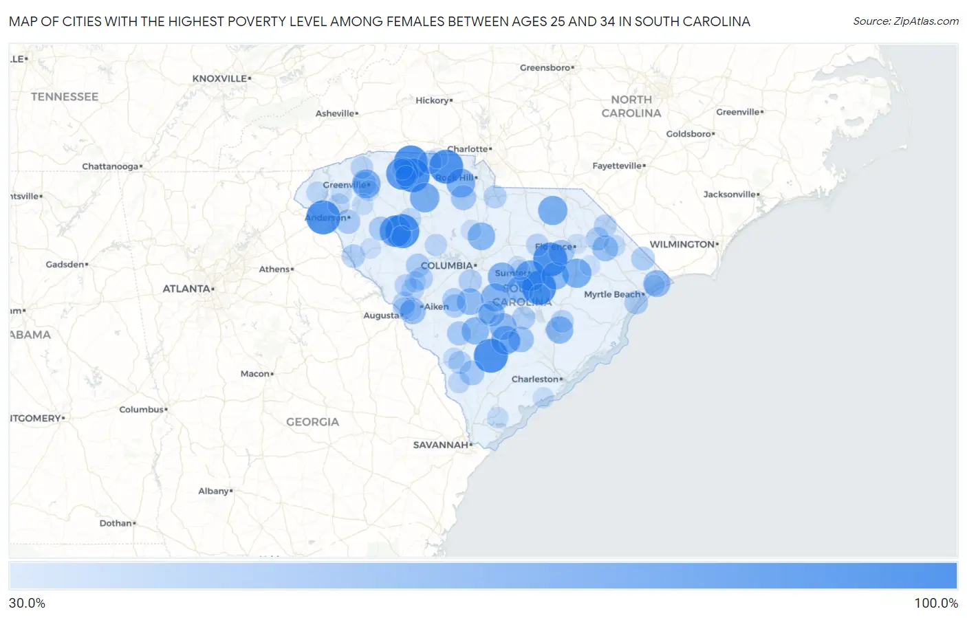Cities with the Highest Poverty Level Among Females Between Ages 25 and 34 in South Carolina Map