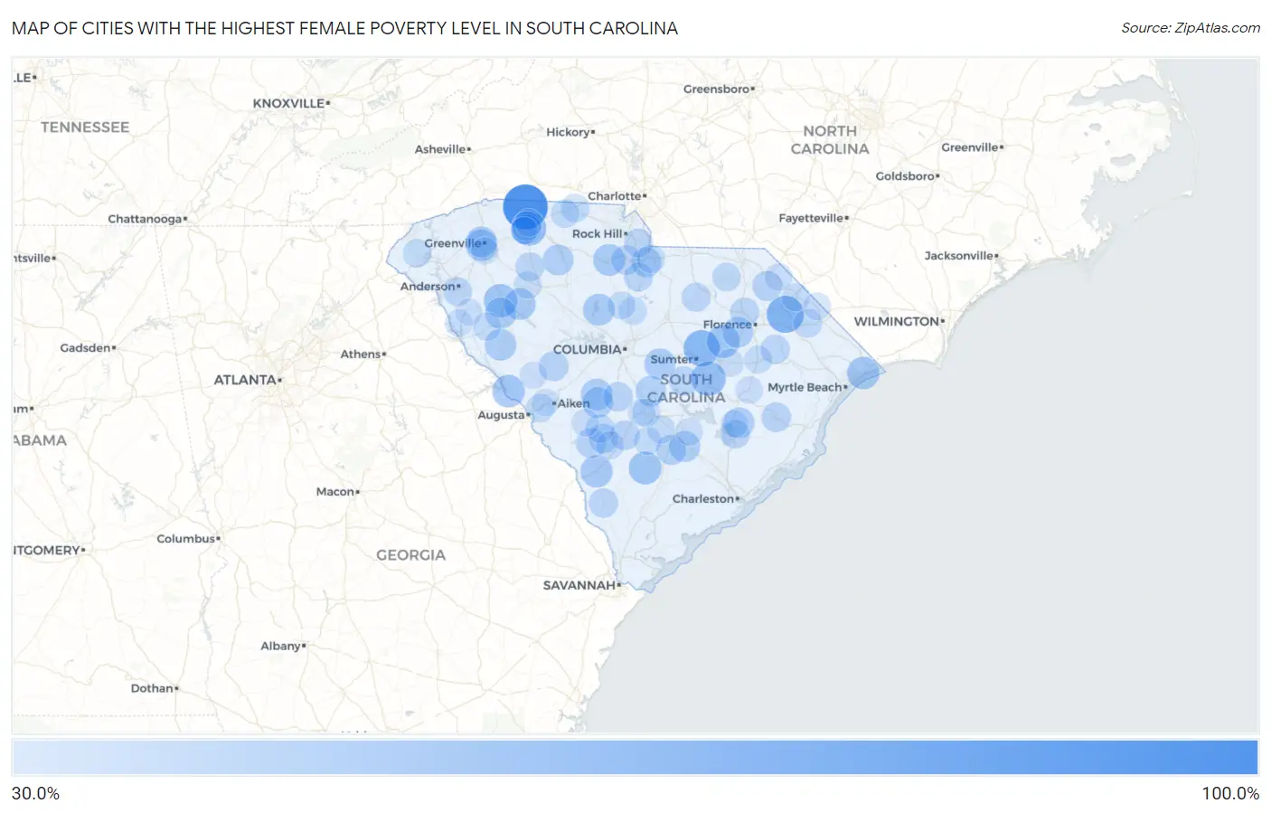 Cities with the Highest Female Poverty Level in South Carolina Map