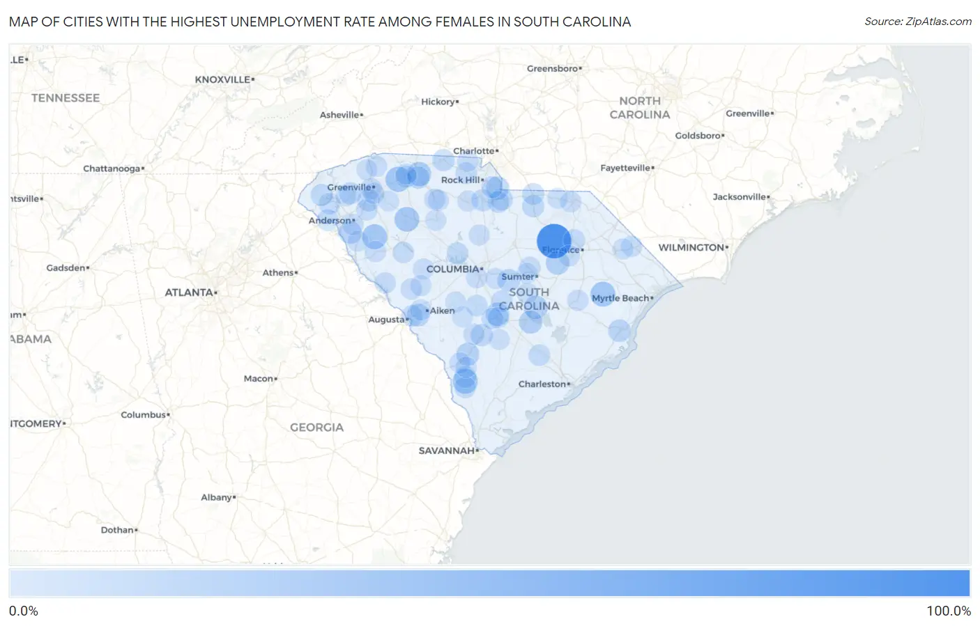 Cities with the Highest Unemployment Rate Among Females in South Carolina Map