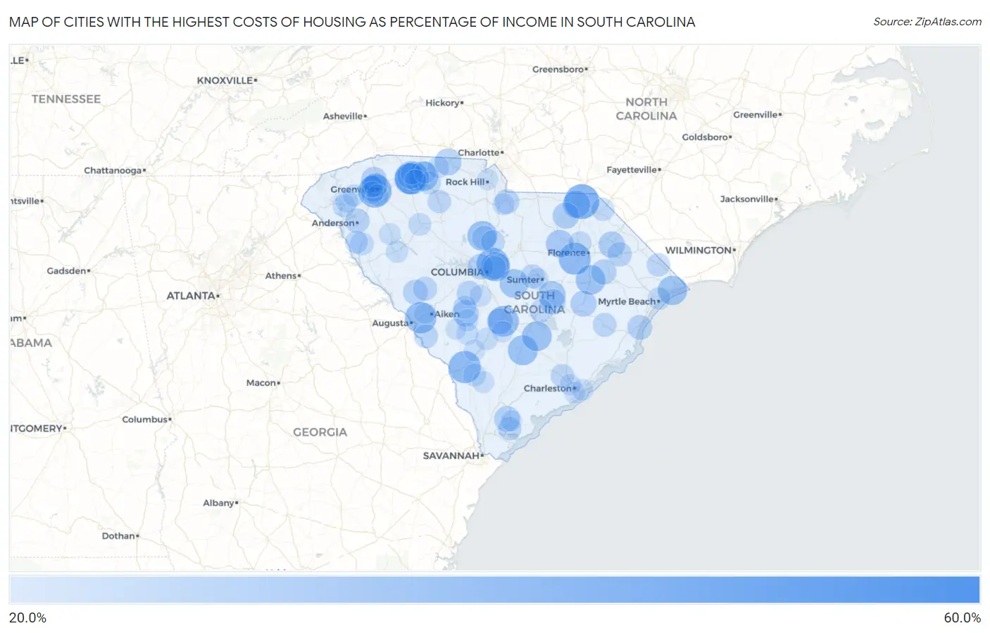Cities with the Highest Costs of Housing as Percentage of Income in South Carolina Map