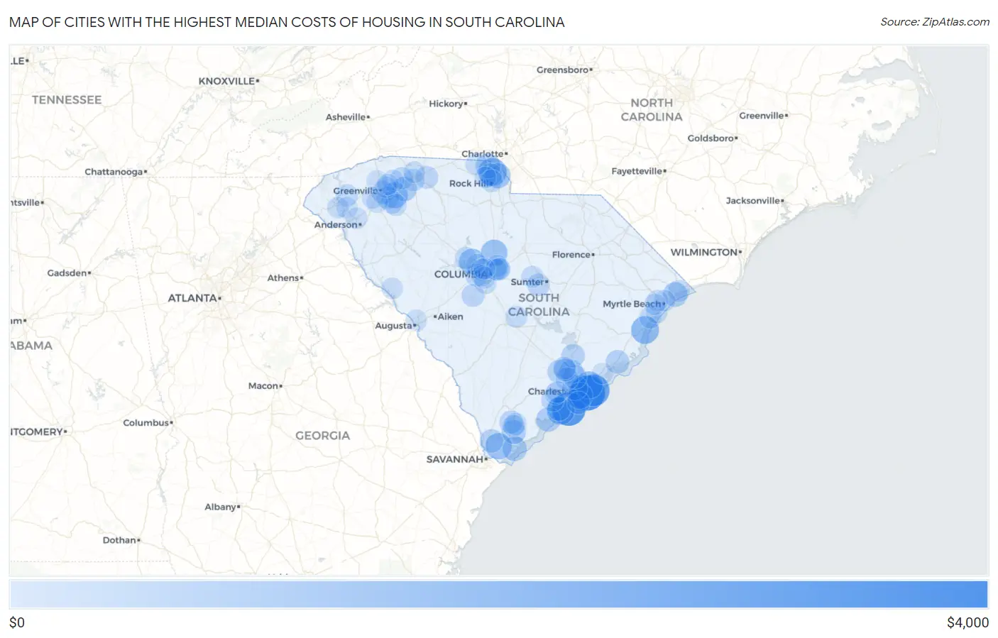 Cities with the Highest Median Costs of Housing in South Carolina Map