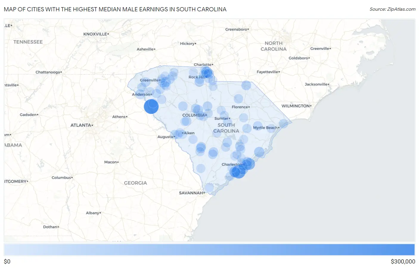 Cities with the Highest Median Male Earnings in South Carolina Map