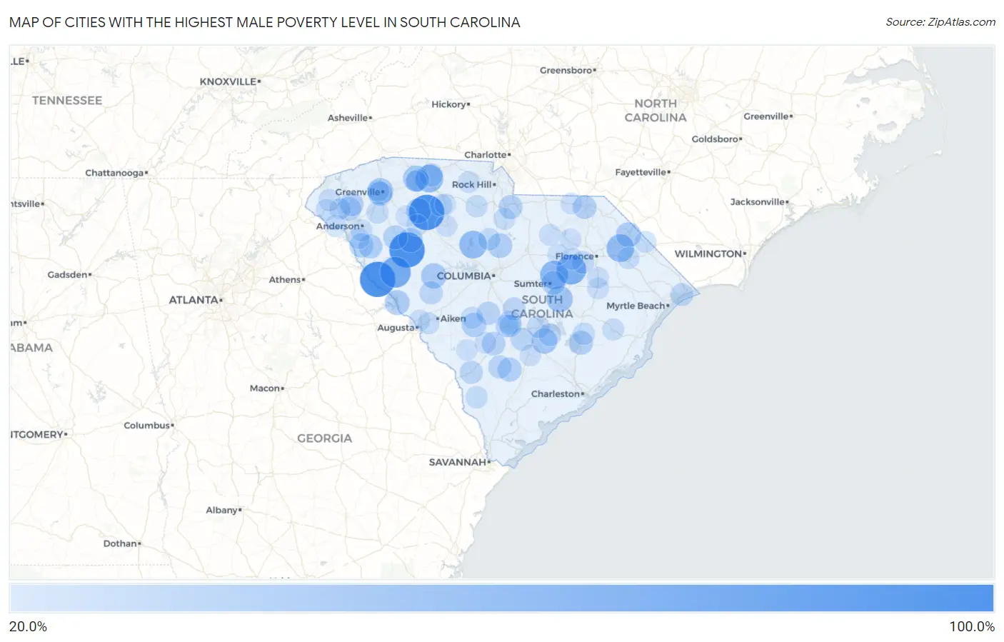 Cities with the Highest Male Poverty Level in South Carolina Map