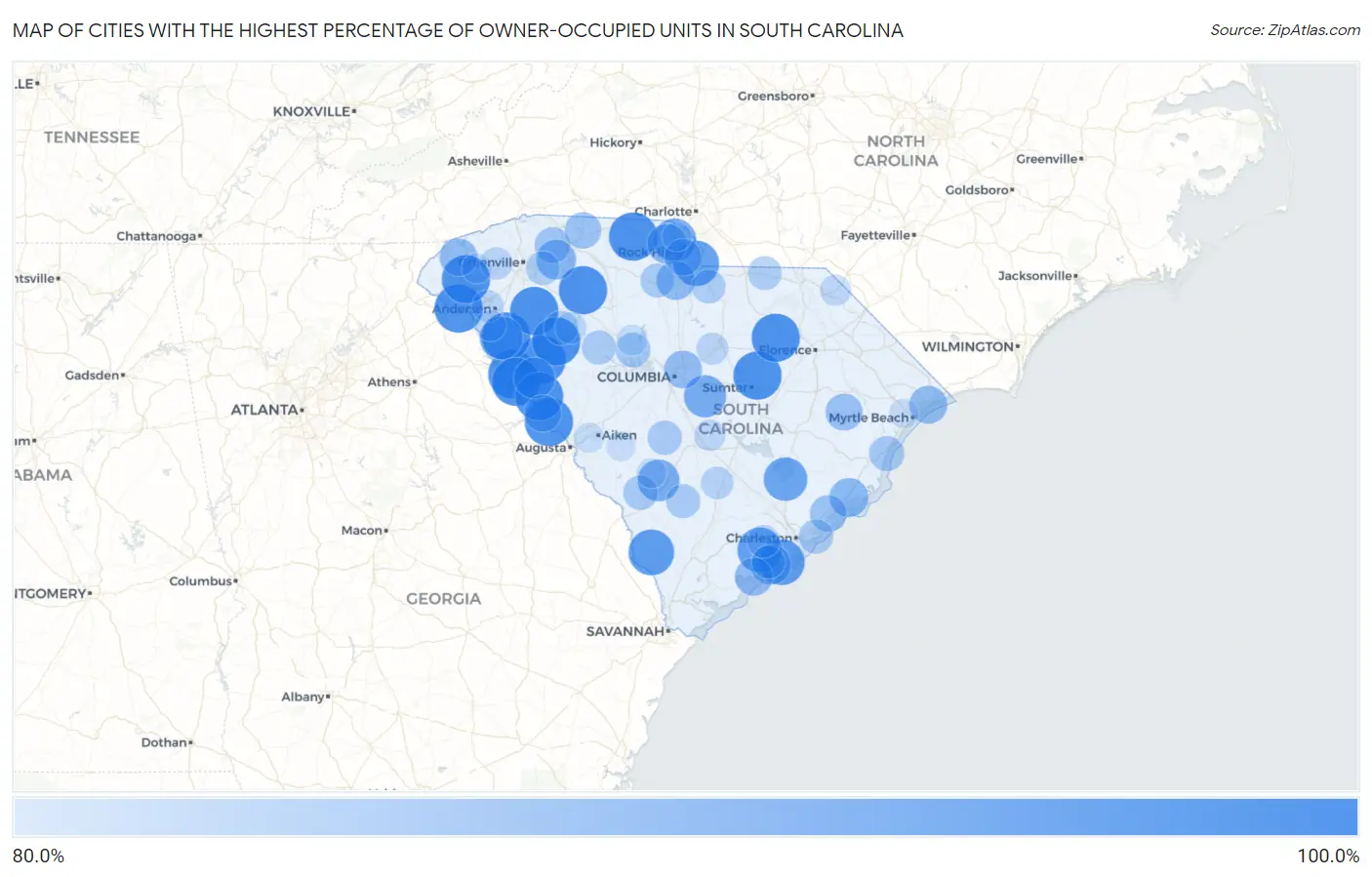 Cities with the Highest Percentage of Owner-Occupied Units in South Carolina Map