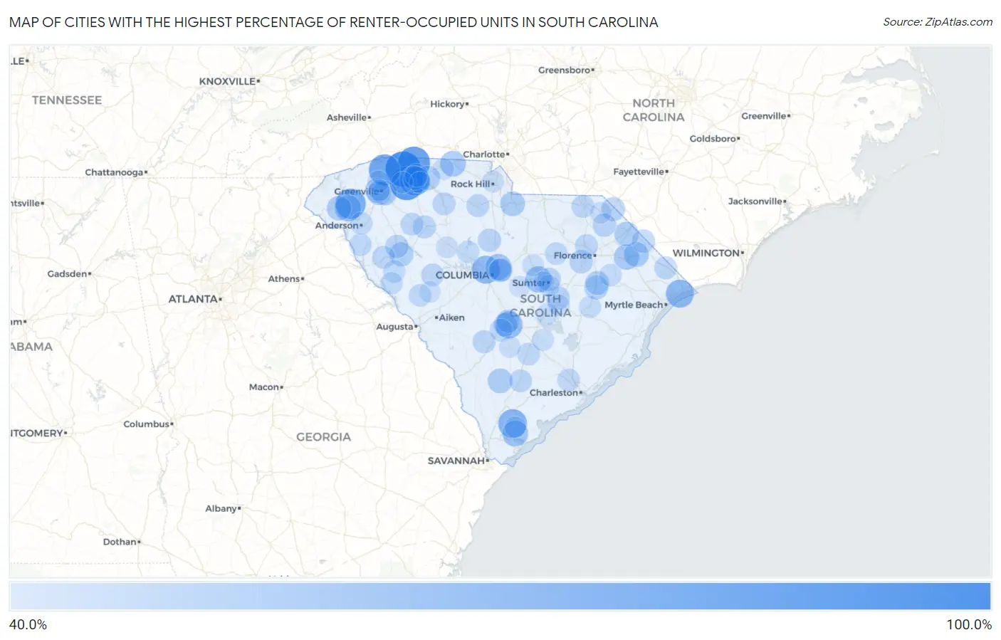 Cities with the Highest Percentage of Renter-Occupied Units in South Carolina Map