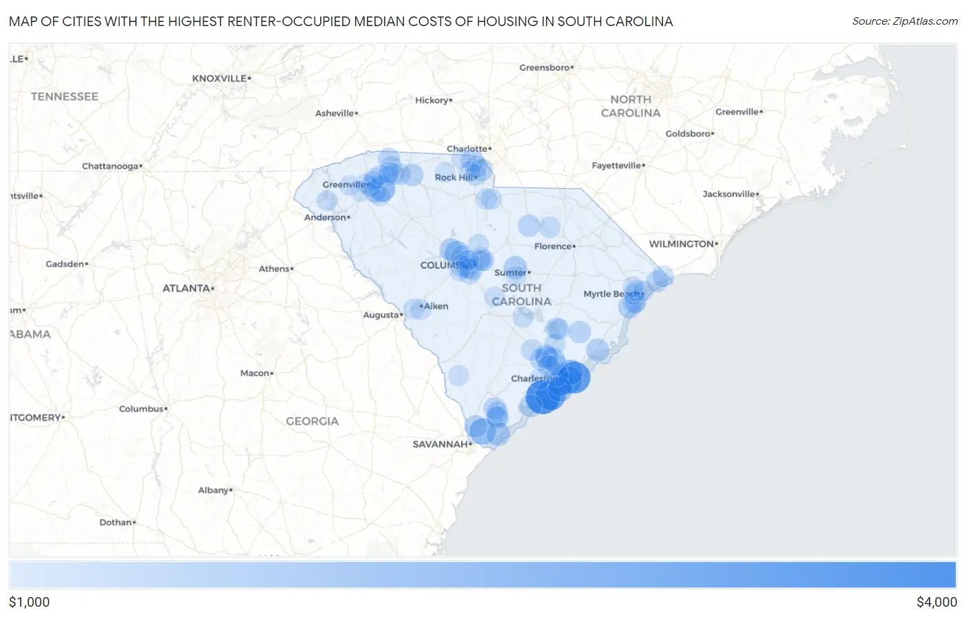 Cities with the Highest Renter-Occupied Median Costs of Housing in South Carolina Map