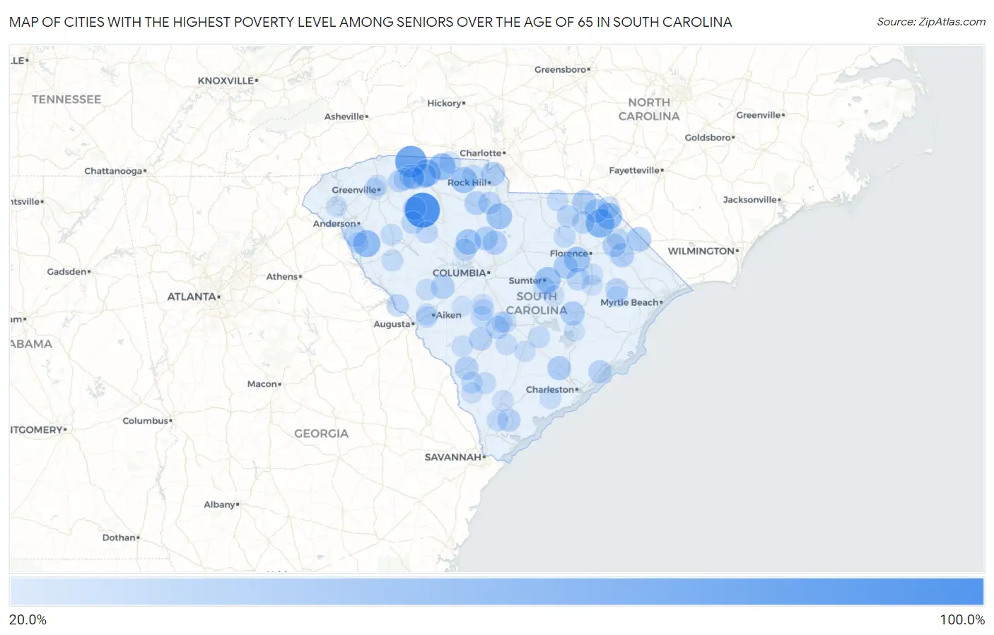 Cities with the Highest Poverty Level Among Seniors Over the Age of 65 in South Carolina Map