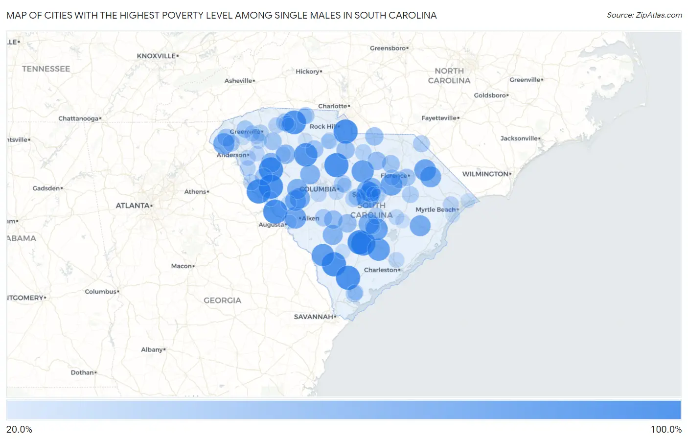 Cities with the Highest Poverty Level Among Single Males in South Carolina Map