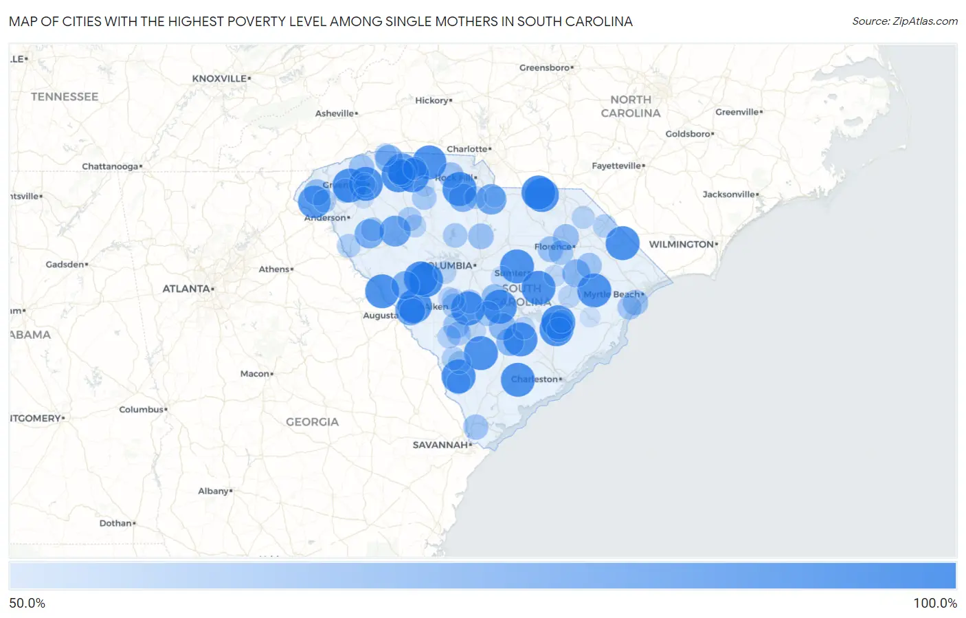 Cities with the Highest Poverty Level Among Single Mothers in South Carolina Map