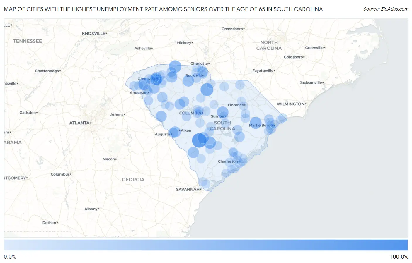 Cities with the Highest Unemployment Rate Amomg Seniors Over the Age of 65 in South Carolina Map