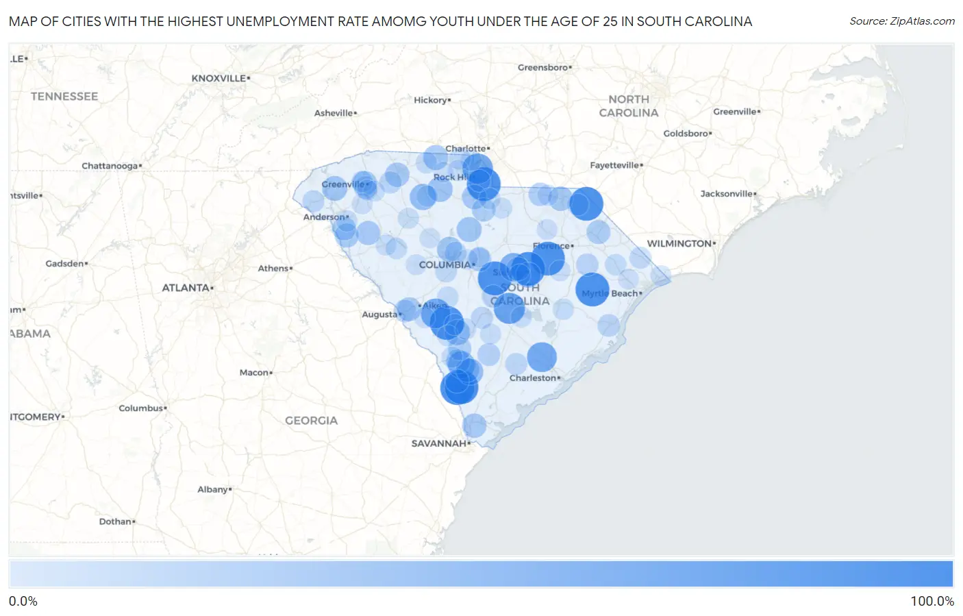 Cities with the Highest Unemployment Rate Amomg Youth Under the Age of 25 in South Carolina Map