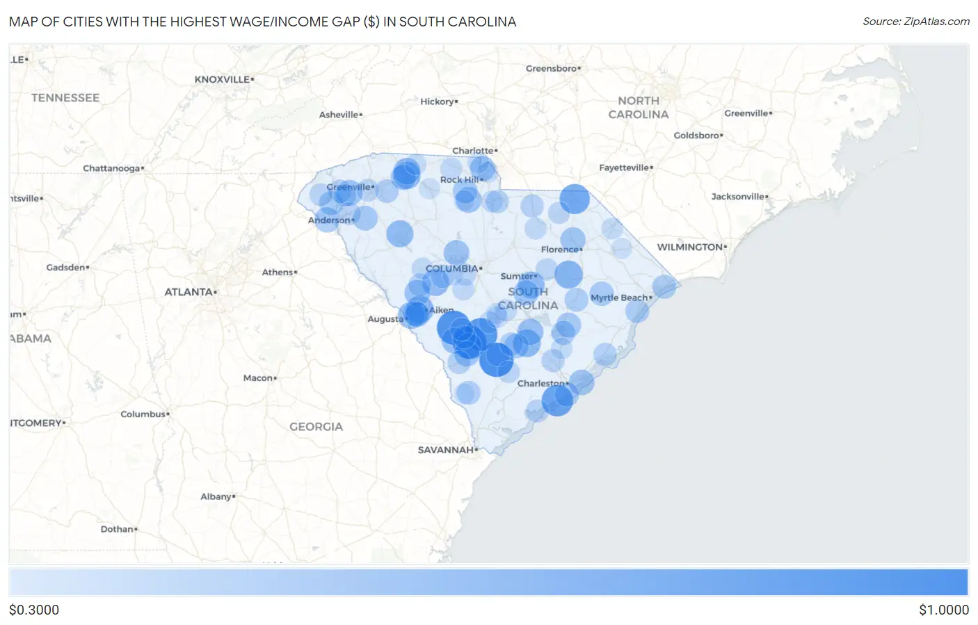 Cities with the Highest Wage/Income Gap ($) in South Carolina Map