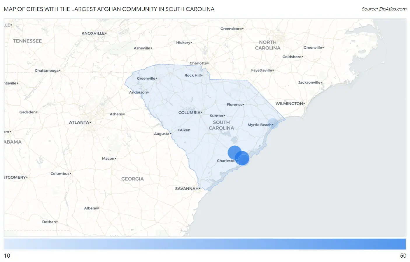 Cities with the Largest Afghan Community in South Carolina Map