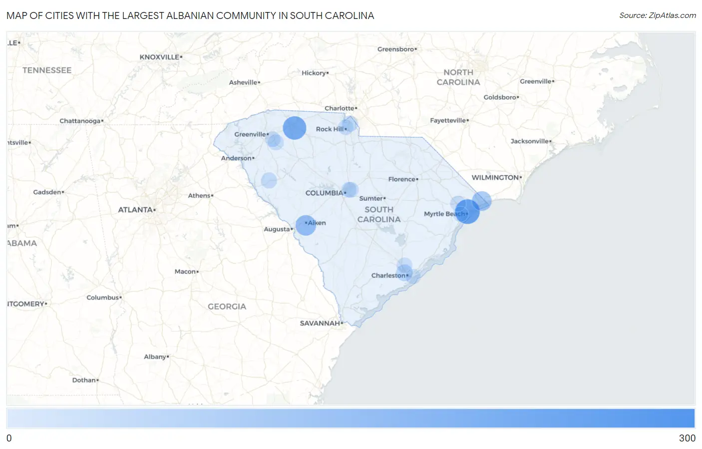 Cities with the Largest Albanian Community in South Carolina Map