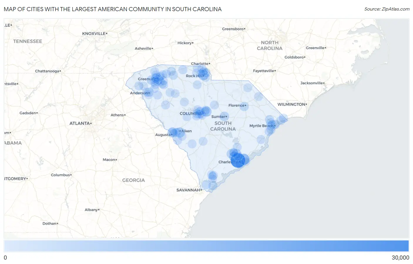 Cities with the Largest American Community in South Carolina Map