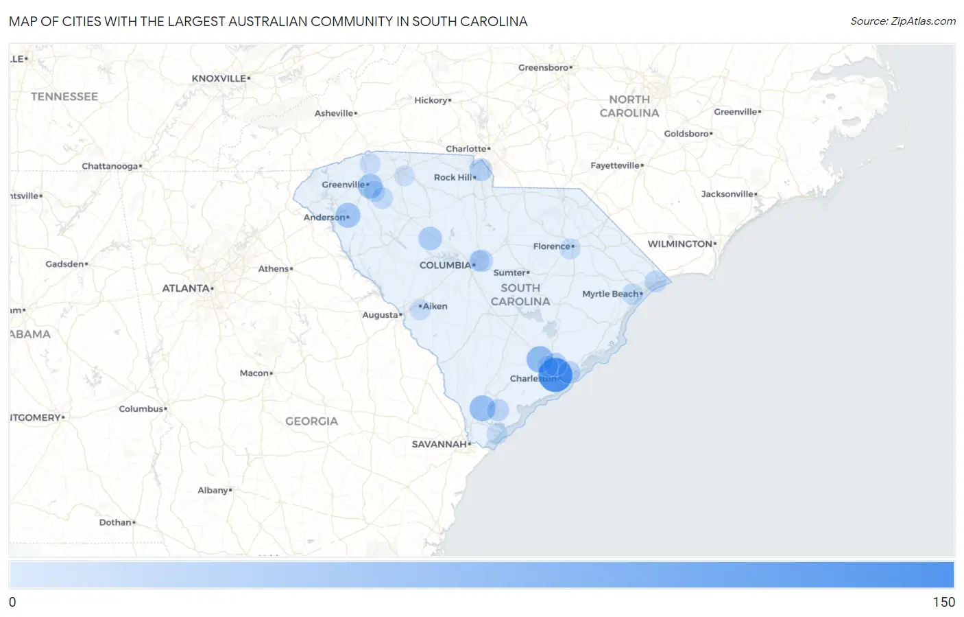Cities with the Largest Australian Community in South Carolina Map