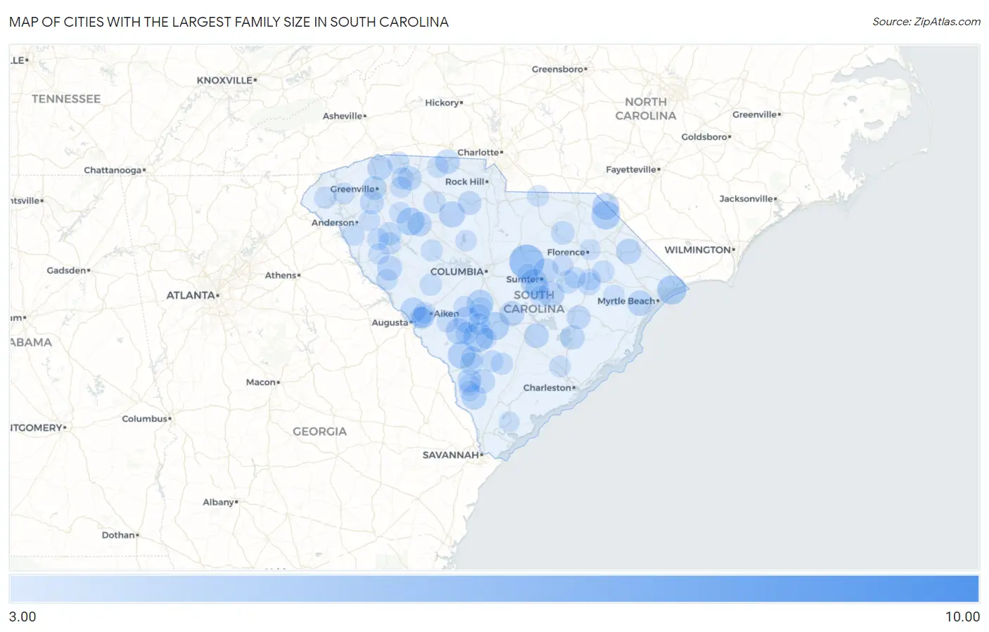 Cities with the Largest Family Size in South Carolina Map